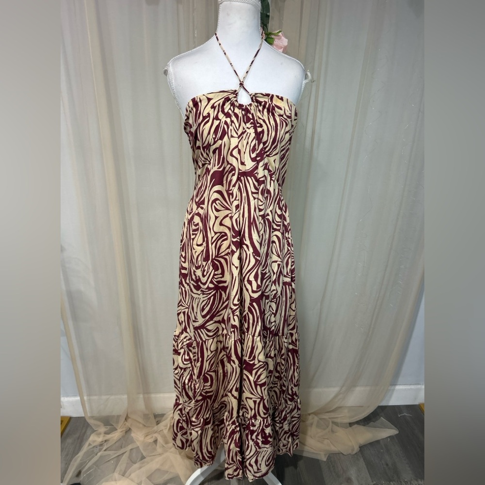 NWT White Waves Halter Maxi Dress Smocked Back Burgundy Cream